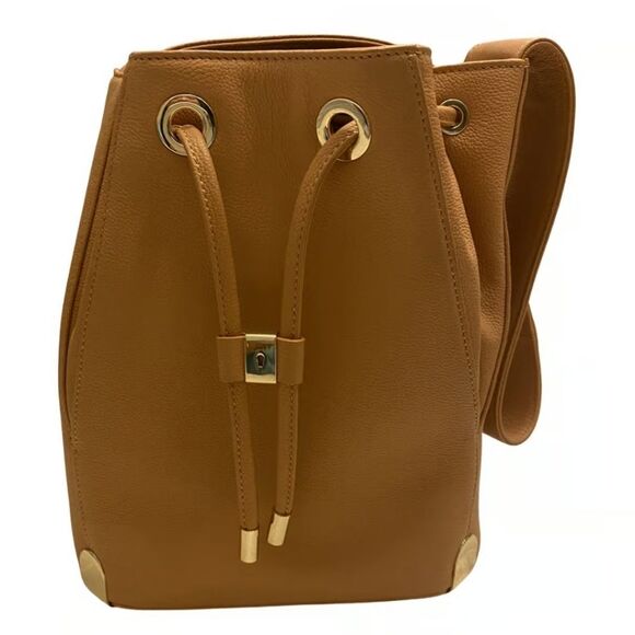 Vince Camuto Drawstring Shoulder Bucket Bag Tan Camel Gold Accents - Picture 15 of 15